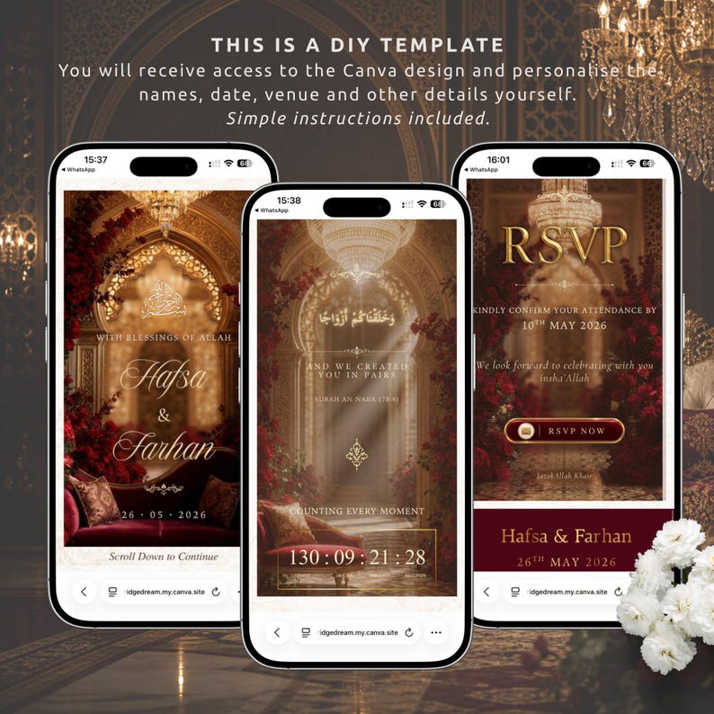 Pu&ograve; includere: Tre schermi di smartphone che mostrano un modello di invito a nozze digitale con un tema rosso scuro e oro. I design presentano archi decorati, accenti floreali, testo con i nomi Hafsa e Farhan, date e un pulsante RSVP.