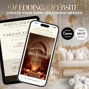 Può includere: Uno smartphone e un tablet mostrano un design di invito a nozze. Lo smartphone mostra un invito a nozze con il testo "The Wedding of Hafsa & Farhan" e la data. Il tablet mostra i dettagli del matrimonio. L'immagine include anche il testo "Wedding Website".