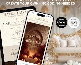 Muslimische Hochzeitswebsite Vorlage, Bearbeitbar Canva RSVP, Nikkah Digitale Einladung | Rot und Gold