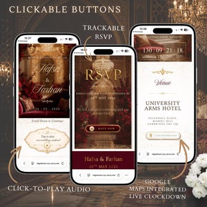 Pu&ograve; includere: Tre schermi di smartphone mostrano un sito web di inviti di nozze digitale con un tema rosso scuro e oro. Gli schermi mostrano sezioni per RSVP, dettagli della sede presso l'University Arms Hotel, un conto alla rovescia e pulsanti audio.