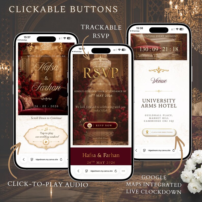 Pu&ograve; includere: Tre schermi di smartphone mostrano un sito web di inviti di nozze digitale con un tema rosso scuro e oro. Gli schermi mostrano sezioni per RSVP, dettagli della sede presso l'University Arms Hotel, un conto alla rovescia e pulsanti audio.