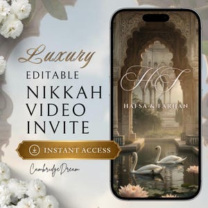 Peut inclure: Une invitation de mariage numérique sur un écran de smartphone. L'invitation présente les mots "Luxury Editable Nikkah Video Invite" et "Instant Access". L'écran affiche une scène sereine avec des cygnes et les noms "Hafsa & Farhan".