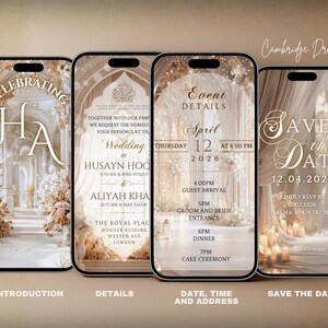 May include: Four smartphone screens displaying wedding invitation designs. The first screen says "Celebrating HA" with an architectural background. The second screen has wedding details. The third screen shows the date and time. The fourth screen says "Save the Date".