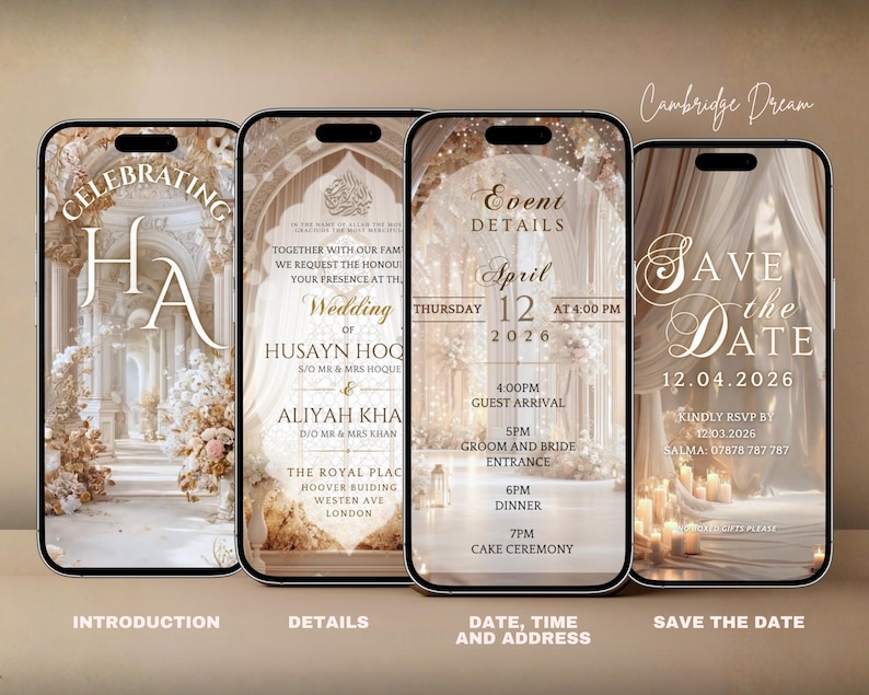 May include: Four smartphone screens displaying wedding invitation designs. The first screen says "Celebrating HA" with an architectural background. The second screen has wedding details. The third screen shows the date and time. The fourth screen says "Save the Date".