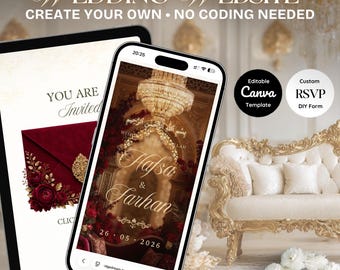 Muslimische Hochzeitswebsite Vorlage, Bearbeitbar Canva RSVP, Nikkah Digitale Einladung | Luxus-Rot und Gold