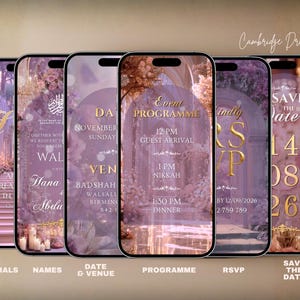 May include: Six smartphones displaying digital wedding invitation templates with a purple floral theme. The screens show text including Initials, Names, Date & Venue, Event Programme, RSVP, and Save The Date in gold lettering against a soft archway background.