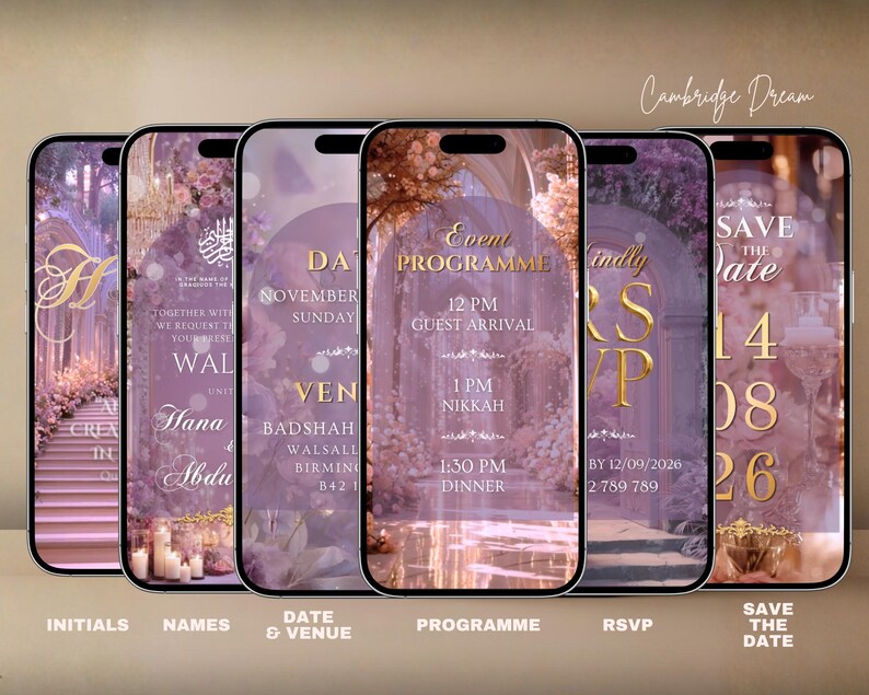 May include: Six smartphones displaying digital wedding invitation templates with a purple floral theme. The screens show text including Initials, Names, Date & Venue, Event Programme, RSVP, and Save The Date in gold lettering against a soft archway background.