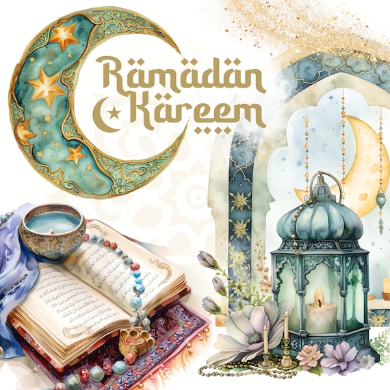 Watercolor Ramadan Clipart: Islamic Lantern, Moon, Stars (PNG Digital Download)