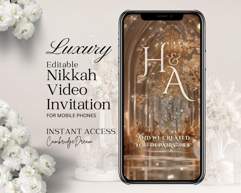 Editable Nikkah Invitation Video | Canva Islamic Wedding Mobile Template – Beige & Gold image 1