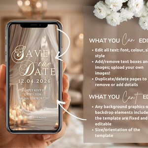 May include: A smartphone displays a wedding invitation with the text "Save the Date" and the date 12.04.2026. The invitation features a soft, elegant design with candles and draping fabric. Additional text provides RSVP details.