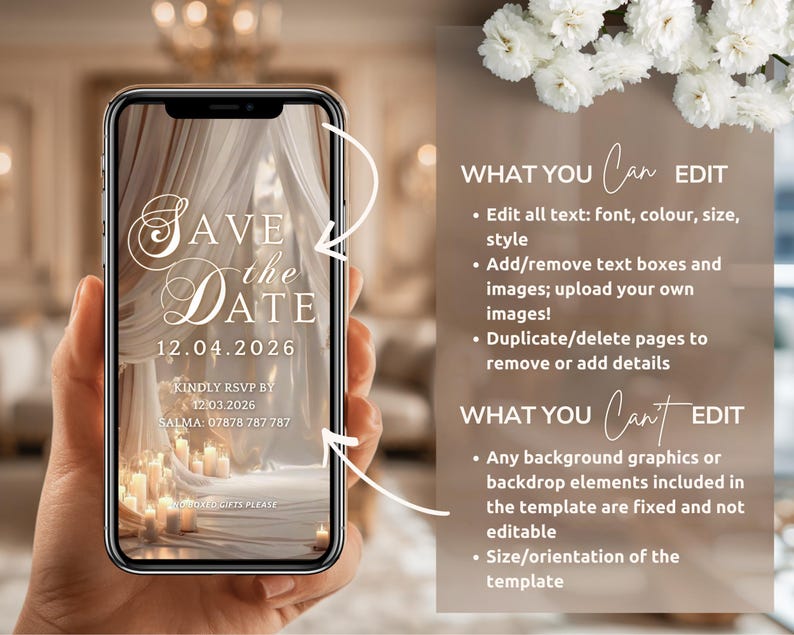 May include: A smartphone displays a wedding invitation with the text "Save the Date" and the date 12.04.2026. The invitation features a soft, elegant design with candles and draping fabric. Additional text provides RSVP details.
