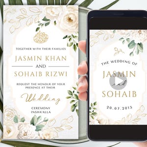 Sjabloon digitale moslim bruiloft video-uitnodiging, elektronisch neutraal beige crème gouden bloemen Nikah uitnodigen, islamitische bewerkbare receptie Walima