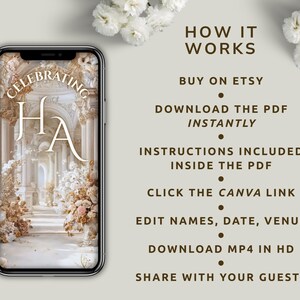 May include: A smartphone displays a wedding invitation design with the text "Celebrating HA." The design features a classical architectural background with floral arrangements. The text "How it Works" and instructions are also visible.