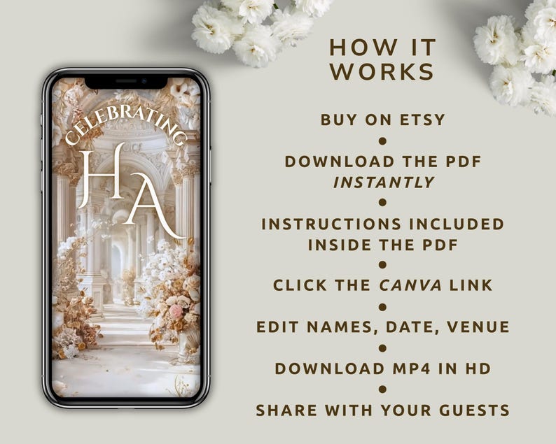 May include: A smartphone displays a wedding invitation design with the text "Celebrating HA." The design features a classical architectural background with floral arrangements. The text "How it Works" and instructions are also visible.