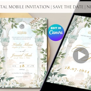 Faire-part animé modifiable pour un mariage musulman, invitation numérique Nikkah sauge, mariage islamique, modèle de toile modifiable, carte de mariage imprimable