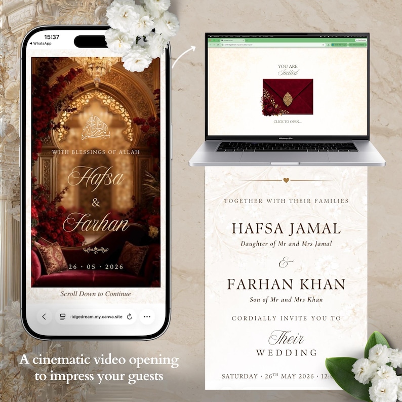 Pu&ograve; includere: Un invito di nozze digitale visualizzato su uno smartphone e sullo schermo di un computer portatile. Lo schermo mobile mostra un divano in velluto rosso scuro in un arco ornato con il testo Hafsa & Farhan. Lo schermo del computer mostra un invito formale con il testo Hafsa Jamal e Farhan Khan, che invita gli ospiti al loro matrimonio sabato 26 maggio 2026.