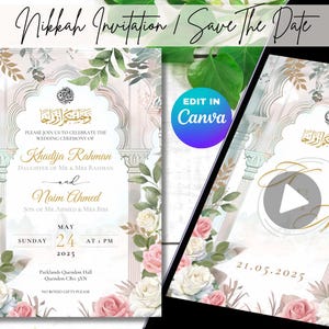 Editable Muslim Wedding Animated Invitation, Sage and Blush Pink Digital Nikkah, Islamic Wedding, Editable Template, Printable Wedding Card