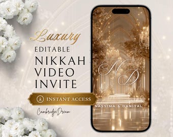 Editable Nikkah Invitation Video | Canva Islamic Wedding Mobile Template – Beige & Gold