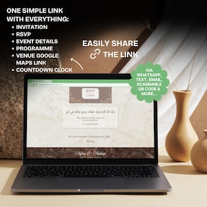K&ouml;nnte beinhalten: Ein Laptop zeigt eine Hochzeits-Einladungs-Website mit dem Text "RSVP Here". Der Bildschirm zeigt Eventdetails, ein Programm, einen Google Maps-Link und einen Countdown. Der Text "One Simple Link With Everything" steht oben.