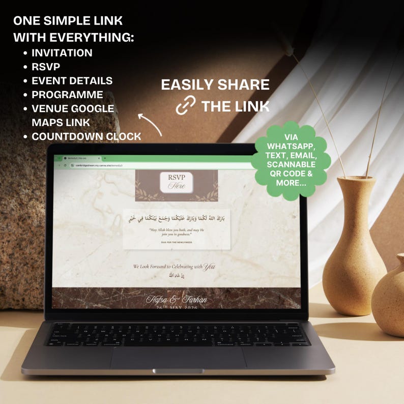 K&ouml;nnte beinhalten: Ein Laptop zeigt eine Hochzeits-Einladungs-Website mit dem Text "RSVP Here". Der Bildschirm zeigt Eventdetails, ein Programm, einen Google Maps-Link und einen Countdown. Der Text "One Simple Link With Everything" steht oben.