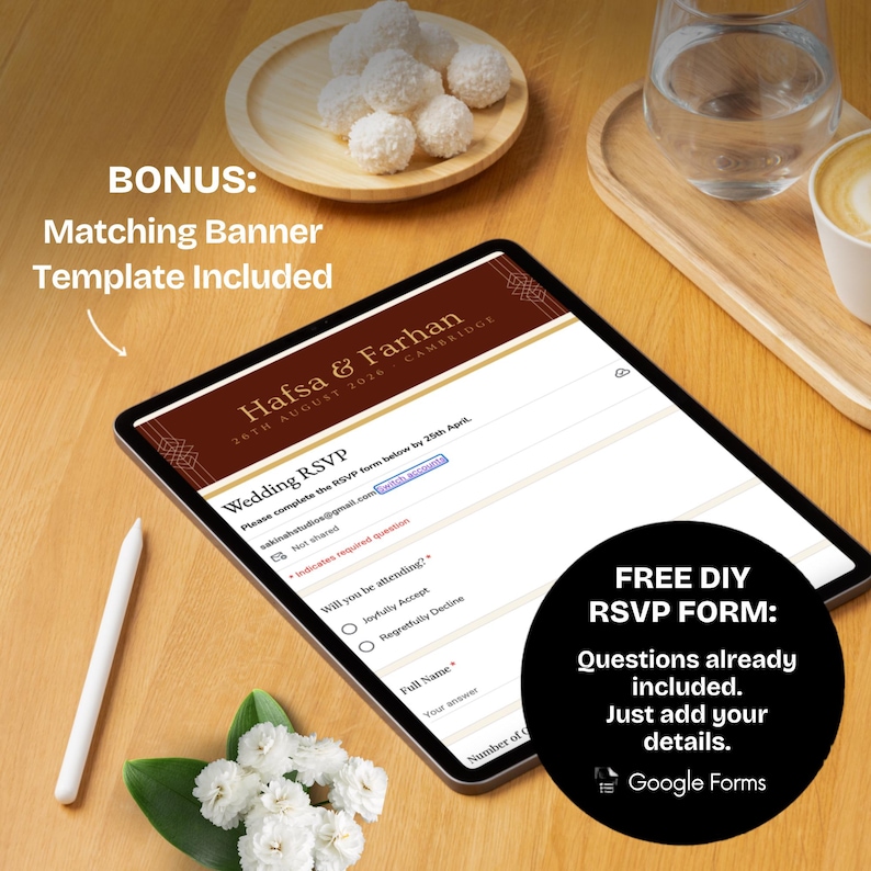 Pu&ograve; includere: Un tablet digitale che mostra un modulo di risposta per un matrimonio con il testo Hafsa & Farhan 26th August 2026 Cambridge. Lo schermo presenta campi per il nome completo e le opzioni di presenza. Una penna bianca poggia sulla superficie in legno.