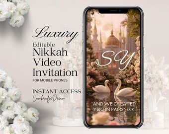 May include: A smartphone displaying a digital Nikkah video invitation featuring two white swans on a pond, a palace background, the letters SY, and the text "AND WE CREATED YOU IN PAIRS" 78:8. The screen also shows "Luxury Editable Nikkah Video Invitation".