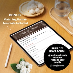 K&ouml;nnte beinhalten: Ein digitales Tablet mit einem Hochzeits-RSVP-Formular, mit den Namen "Hafsa & Farhan" und dem Datum "26. Mai 2026". Das Bild enth&auml;lt den Text: "FREE DIY RSVP FORM: Questions already included. Just add your details."