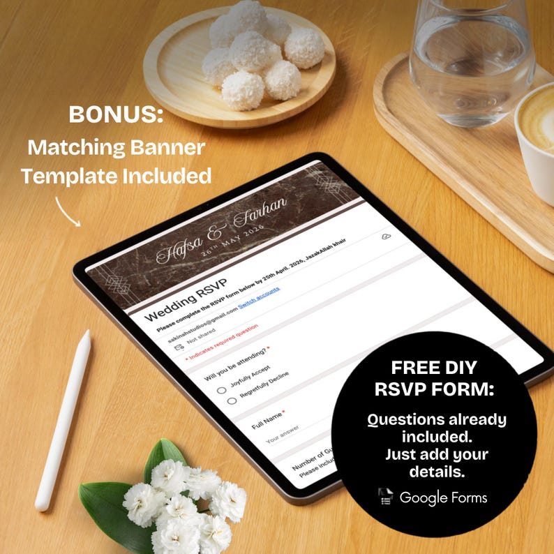 K&ouml;nnte beinhalten: Ein digitales Tablet mit einem Hochzeits-RSVP-Formular, mit den Namen "Hafsa & Farhan" und dem Datum "26. Mai 2026". Das Bild enth&auml;lt den Text: "FREE DIY RSVP FORM: Questions already included. Just add your details."