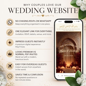 Pu&ograve; includere: Uno smartphone mostra un modello di sito web per matrimoni con un arco decorato, candele e il testo "The Wedding of Hafsa & Farhan 26.02.2026". A sinistra sono elencati i vantaggi del servizio digitale, tra cui "No chasing RSVPs on WhatsApp" e "One elegant link for everything" con icone.