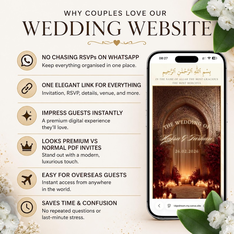 Pu&ograve; includere: Uno smartphone mostra un modello di sito web per matrimoni con un arco decorato, candele e il testo "The Wedding of Hafsa & Farhan 26.02.2026". A sinistra sono elencati i vantaggi del servizio digitale, tra cui "No chasing RSVPs on WhatsApp" e "One elegant link for everything" con icone.