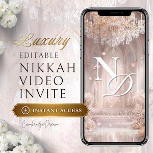 K&ouml;nnte beinhalten: Ein Smartphone zeigt eine digitale Hochzeitseinladung. Der Bildschirm zeigt eine romantische Szene mit Kronleuchter, floralen Akzenten und den Initialen "N D". Auf dem Telefon steht "Luxury Editable Nikkah Video Invite" und "Instant Access".