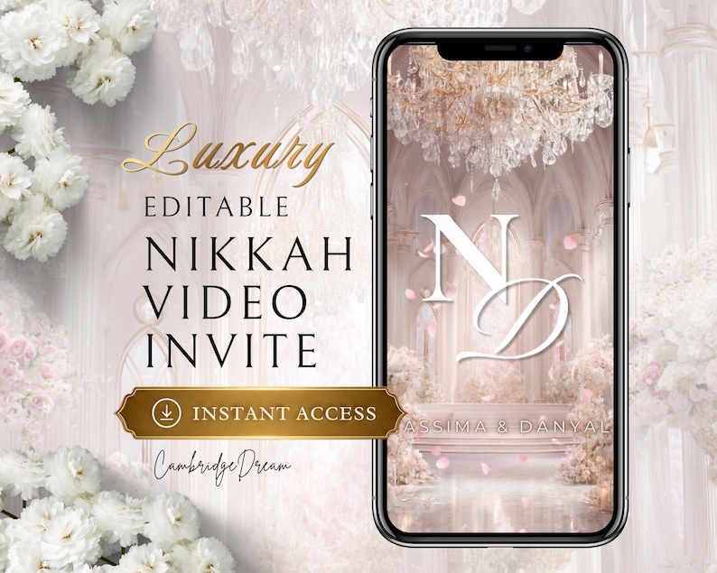 K&ouml;nnte beinhalten: Ein Smartphone zeigt eine digitale Hochzeitseinladung. Der Bildschirm zeigt eine romantische Szene mit Kronleuchter, floralen Akzenten und den Initialen "N D". Auf dem Telefon steht "Luxury Editable Nikkah Video Invite" und "Instant Access".