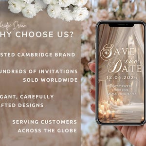 May include: A smartphone displays a 'Save the Date' invitation with elegant script and candlelit ambiance. The image features text: 'Cambridge Dream', 'Why Choose Us?', and details about the brand and invitations.