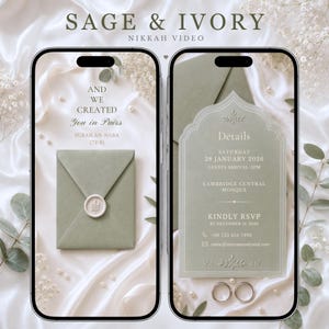 Op de afbeelding: Twee smartphones met een saliegroen en ivoorkleurig ontwerp voor een trouwkaart. Het linkerscherm toont een saliekleurige envelop met een waszegel en de tekst AND WE CREATED You in Pairs SURAH AN-NABA (78:8). Het rechterscherm toont de details.