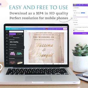 K&ouml;nnte beinhalten: Ein Laptop zeigt einen Hochzeitskartenentwurf, der auf Canva erstellt wurde. Die Einladung enth&auml;lt die Namen "Nassima & Danyal". Auf dem Bildschirm steht "EINFACH UND KOSTENLOS ZU VERWENDEN" und "Als MP4 in HD-Qualit&auml;t herunterladen". Eine wei&szlig;e Tasse und eine Sukkulente sind ebenfalls zu sehen.
