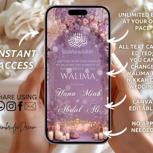 May include: A smartphone displaying a digital wedding invitation template with a purple floral background, an arched frame, and white text reading "In the name of Allah," "Walima," and the names "Hana Miah & Abdul Ali" with candle accents.