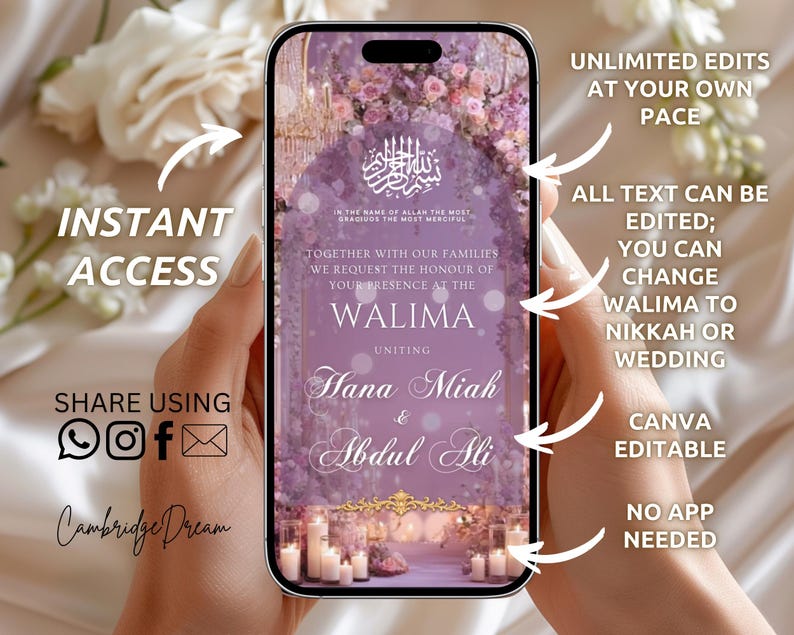 May include: A smartphone displaying a digital wedding invitation template with a purple floral background, an arched frame, and white text reading "In the name of Allah," "Walima," and the names "Hana Miah & Abdul Ali" with candle accents.