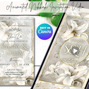Animierte Hochzeitseinladung, digitale Nikkah-Einladung, islamische Hochzeit, bearbeitbare Canva-Vorlage, druckbare Hochzeitskarte