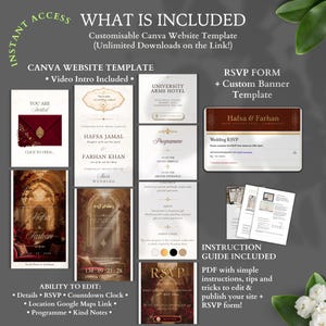 Pu&ograve; includere: Un modello di sito web Canva per matrimoni con uno schema di colori rosso scuro e oro. Include un'introduzione video, un modulo RSVP, un banner personalizzato e una guida alle istruzioni. Il testo include Hafsa & Farhan e RSVP.