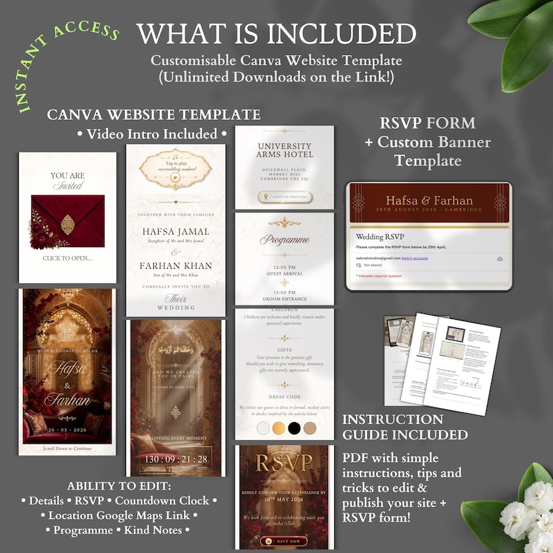 Pu&ograve; includere: Un modello di sito web Canva per matrimoni con uno schema di colori rosso scuro e oro. Include un'introduzione video, un modulo RSVP, un banner personalizzato e una guida alle istruzioni. Il testo include Hafsa & Farhan e RSVP.