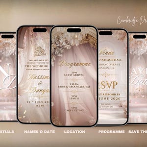 K&ouml;nnte beinhalten: F&uuml;nf Smartphones mit Hochzeitskarten-Designs. Die Bildschirme zeigen sanfte rosa- und goldfarbene Blumen- und Architekturbilder. Text enth&auml;lt Initialen, Namen, Daten, Ort und Veranstaltungsdetails.