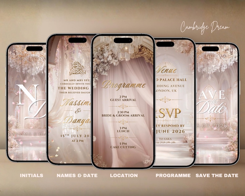 K&ouml;nnte beinhalten: F&uuml;nf Smartphones mit Hochzeitskarten-Designs. Die Bildschirme zeigen sanfte rosa- und goldfarbene Blumen- und Architekturbilder. Text enth&auml;lt Initialen, Namen, Daten, Ort und Veranstaltungsdetails.