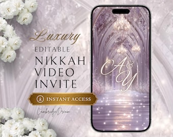 May include: A smartphone displaying a digital Nikkah video invitation with a purple arched hall background, chandeliers, and the letters A & Y. Text reads Luxury Editable Nikkah Video Invite, Instant Access, and Cambridge Dream.
