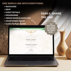 Pu&ograve; includere: Uno schermo di computer portatile che mostra un invito a nozze digitale per Hafsa Jamal e Farhan Khan. Il testo sullo schermo include: ONE SIMPLE LINK WITH EVERYTHING: INVITATION, RSVP, EVENT DETAILS, PROGRAMME, VENUE GOOGLE MAPS LINK, COUNTDOWN CLOCK, CLICK-TO-PLAY AUDIO, EASILY SHARE THE LINK VIA WHATSAPP, TEXT, EMAIL, SCANNABLE QR CODE & MORE.