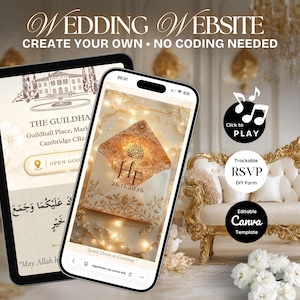 Può includere: Un tablet e uno smartphone mostrano un modello di sito web per matrimoni con il testo WEDDING WEBSITE CREATE YOUR OWN NO CODING NEEDED. Gli schermi mostrano un invito digitale con motivi floreali dorati, le iniziali HF e la data 26.11.2026.