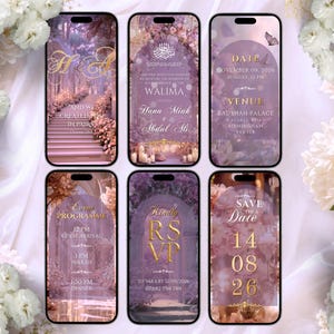 May include: Six digital smartphone screens displaying wedding invitation templates in shades of purple and gold. The designs feature floral arches, staircases, and text including Walima, RSVP, and Save the Date with specific event details and dates.