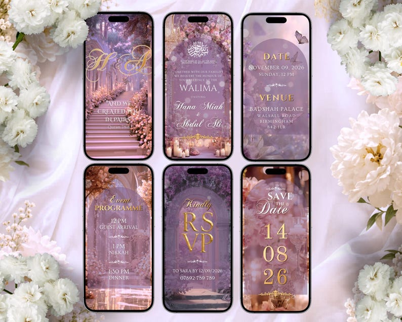 May include: Six digital smartphone screens displaying wedding invitation templates in shades of purple and gold. The designs feature floral arches, staircases, and text including Walima, RSVP, and Save the Date with specific event details and dates.