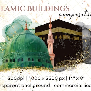 Kaaba und grüne Kuppel Aquarell Grafik | Kaaba PNG | Umrah, Hajj Mubarak Digitale Illustration | Kaaba Clipart | Kommerzielle Lizenz