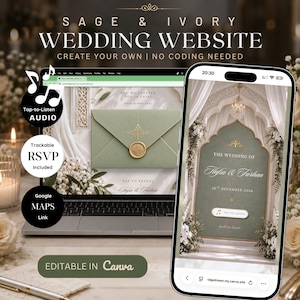 Puede incluir: Un ordenador portátil y un smartphone muestran una plantilla de sitio web de boda en color verde salvia y marfil. La pantalla muestra un sobre digital verde salvia con un sello de cera dorado y una interfaz móvil con el texto The Wedding of Hafsa & Farhan.