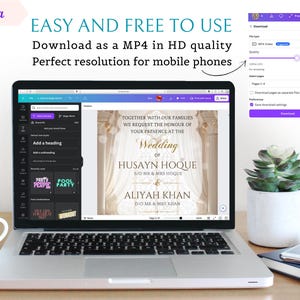 May include: A laptop displays a wedding invitation design with the names Husayn Hoque and Aliyah Khan. The screen shows the Canva interface with options to download as an MP4 in HD quality. Text on the screen reads "EASY AND FREE TO USE".